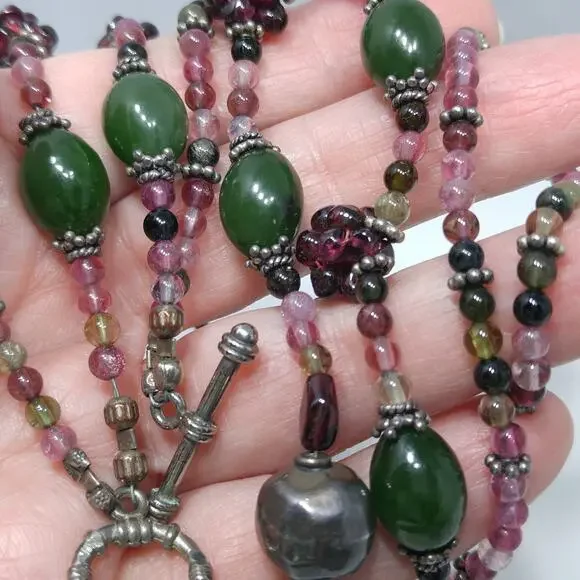 Vintage Gemstone Beaded Necklace, Garnet Clusters, Two Strands, 1990s Vintage